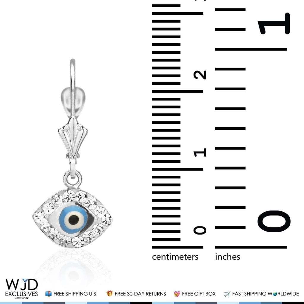 CZ Sky Blue Evil Eye Dangle Leverback Earrings 14K White Gold
