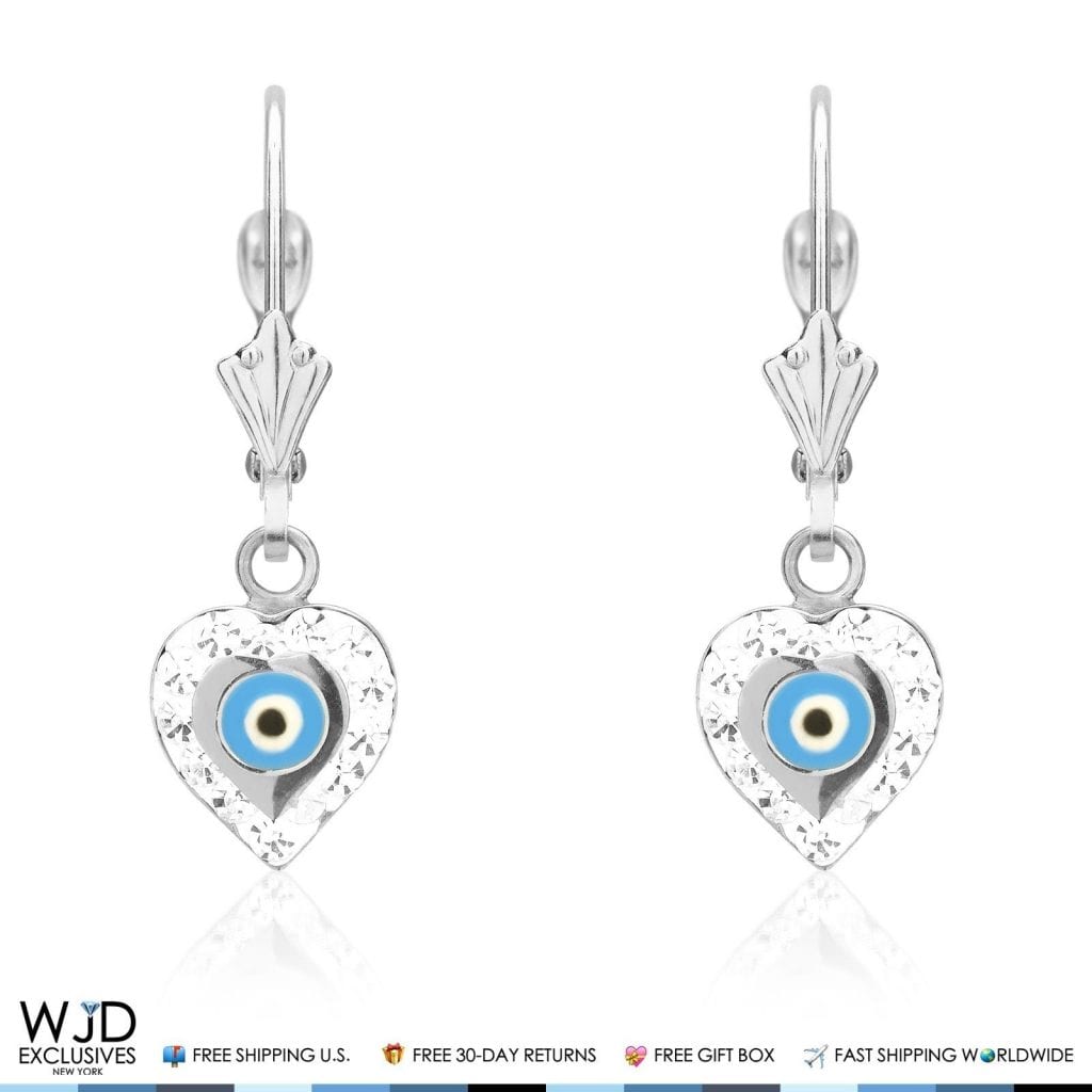 0.5CTW CZ 14K White Gold Blue Evil Eye Heart Dangle Earrings