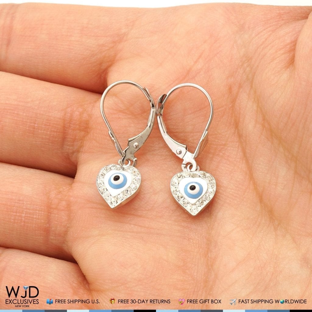 0.5CTW CZ 14K White Gold Blue Evil Eye Heart Dangle Earrings