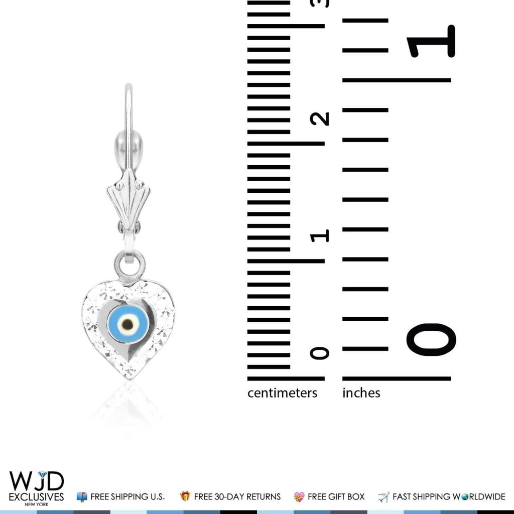 0.5CTW CZ 14K White Gold Blue Evil Eye Heart Dangle Earrings