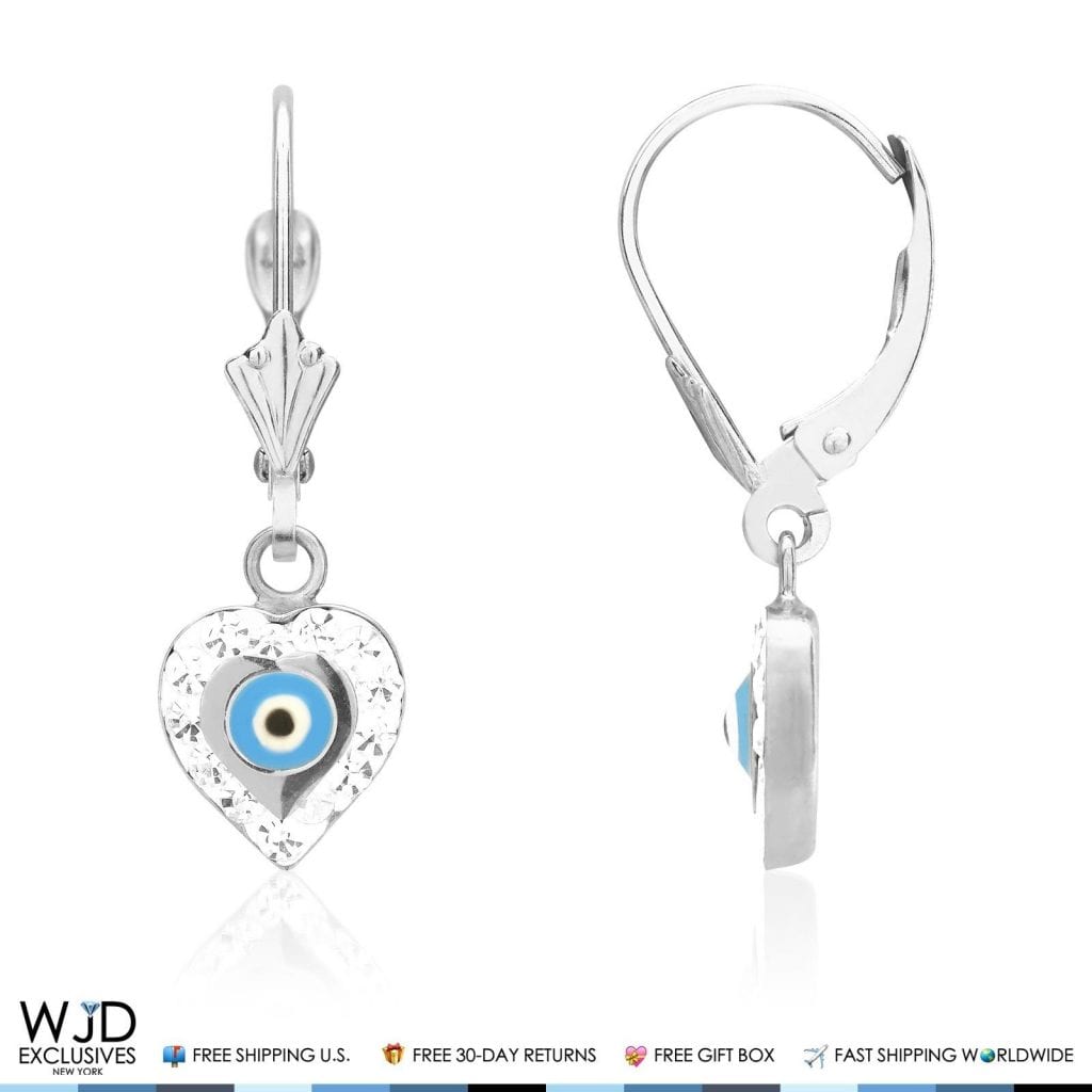 0.5CTW CZ 14K White Gold Blue Evil Eye Heart Dangle Earrings