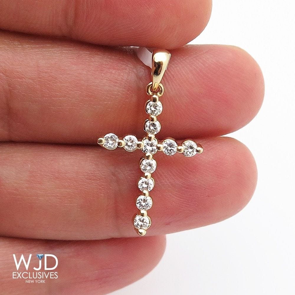 0.59Ct Real Diamond 14k Solid Yellow Gold Cross Religious Pendant 1.1"