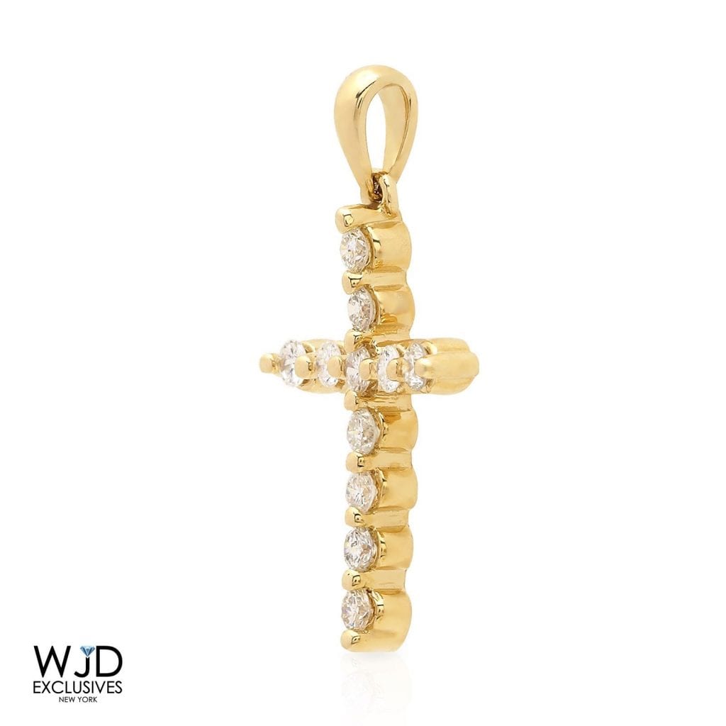 0.59Ct Real Diamond 14k Solid Yellow Gold Cross Religious Pendant 1.1"