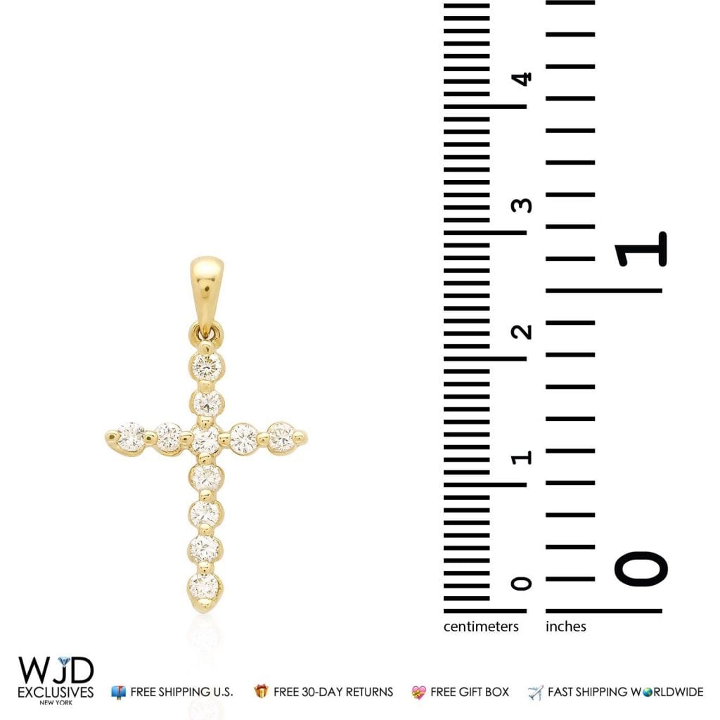0.59Ct Real Diamond 14k Solid Yellow Gold Cross Religious Pendant 1.1"