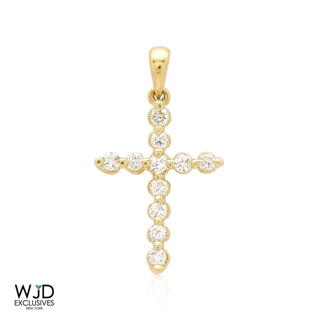 0.59Ct Real Diamond 14k Solid Yellow Gold Cross Religious Pendant 1.1"