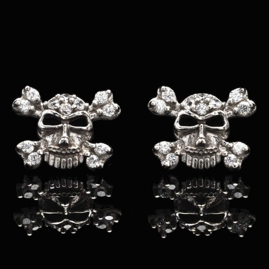 CZ 14K White Gold Skull & Crossbones Stud Push Back Earrings