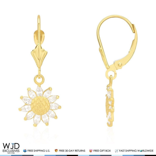 0.60CTW CZ 14K Yellow Gold Sunflower Dangle Leverback Earrings