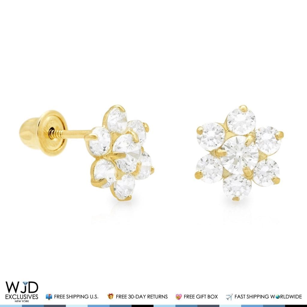 14k Yellow Gold 0.70Ct CZ & Birthstones Flower Stud Earrings 8mm
