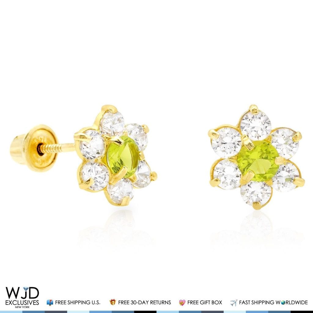 14k Yellow Gold 0.70Ct CZ & Birthstones Flower Stud Earrings 8mm