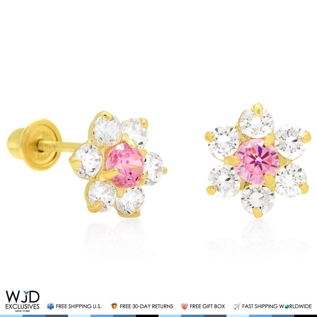 14k Yellow Gold 0.70Ct CZ & Birthstones Flower Stud Earrings 8mm