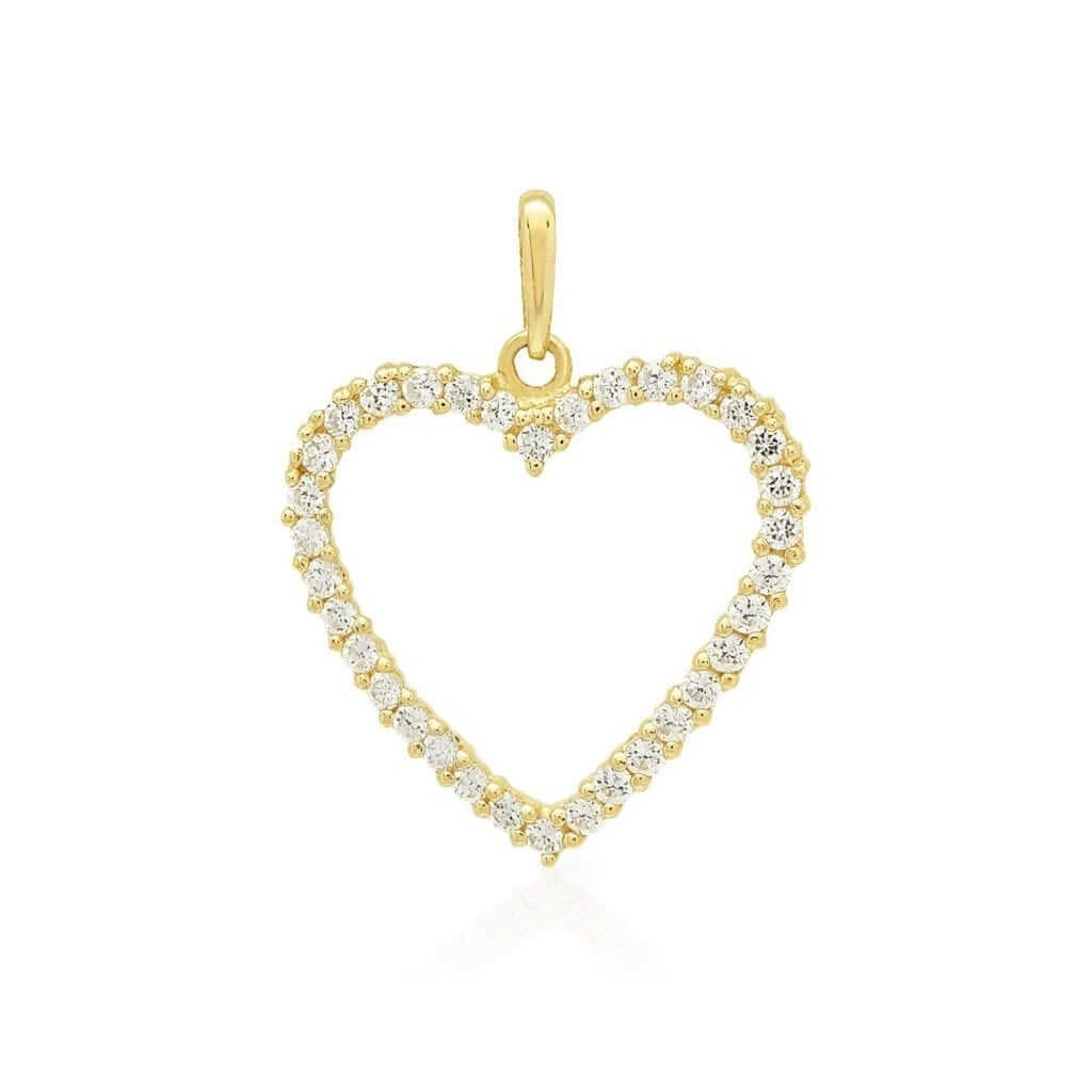 14K Yellow Gold White Gold 0.75Ct CZ Open Heart Pendant 0.8"