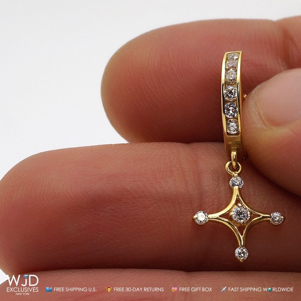 14K Yellow Gold Channel Set White Zirconia Dangle Cross Huggie Hoop Earrings