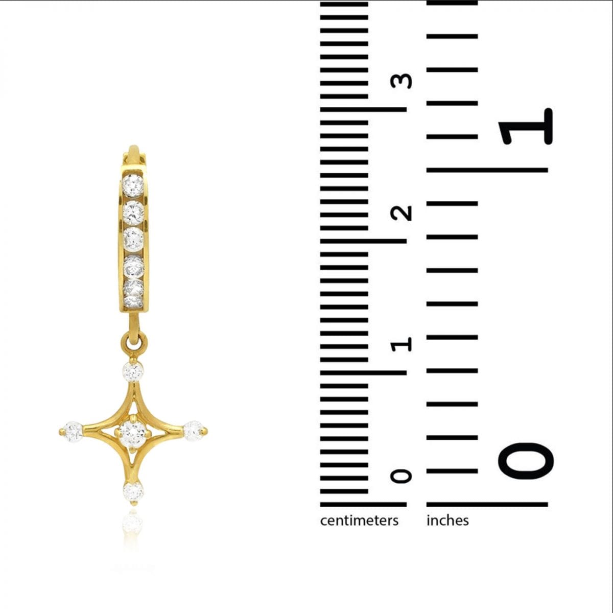 14K Yellow Gold Channel Set White Zirconia Dangle Cross Huggie Hoop Earrings
