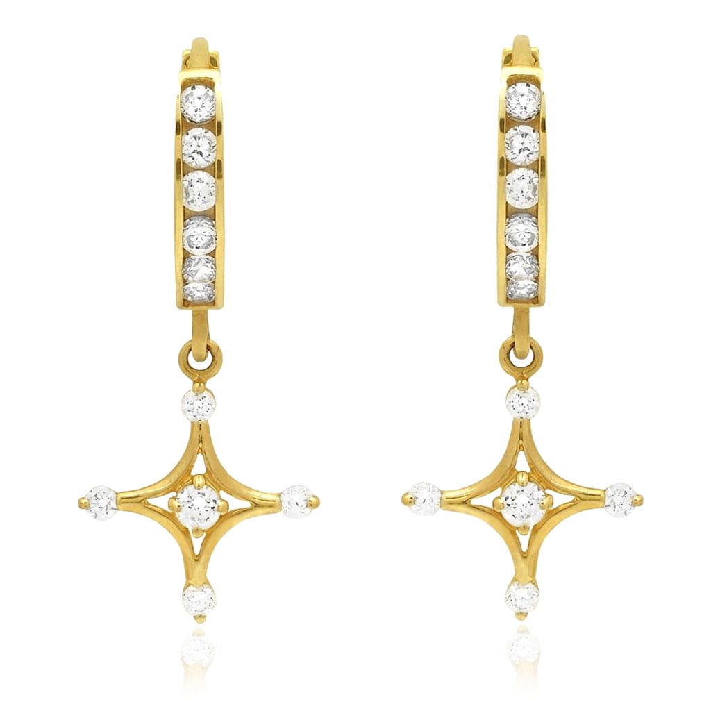 14K Yellow Gold Channel Set White Zirconia Dangle Cross Huggie Hoop Earrings
