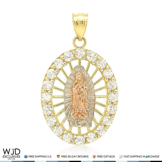 0.80Ct Created Diamond Tri-Color Virgin Mary Medal Charm Pendant 14K Yellow Gold