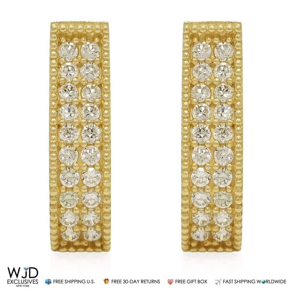 14K Yellow Gold Double-Row CZ Huggie Hoop Wavy Earrings