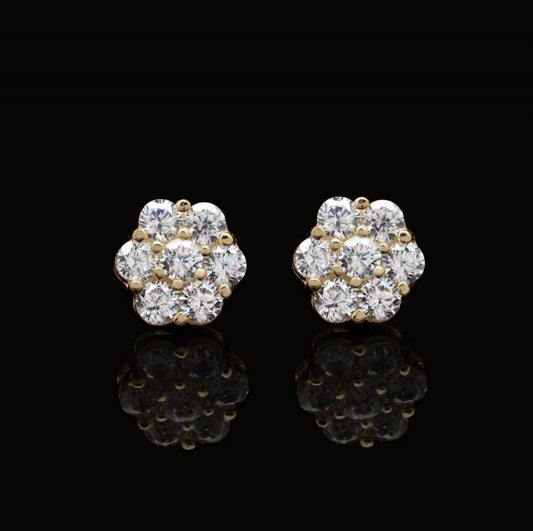 Real 14K Gold 0.80CTW Round CZ Flower Cluster Stud Earrings 6mm
