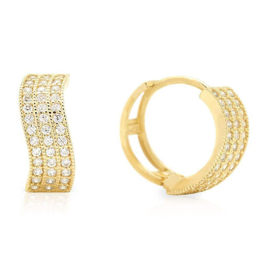 0.80Ct Triple-Row CZ Huggie Hoop Wavy Earrings 14K Gold 0.5"