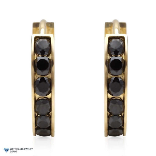 14k Yellow Gold 0.8Ct Black CZ Huggie Hoop Earrings 0.5"