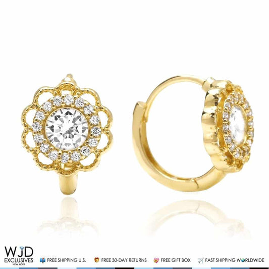 0.8Ct CZ Halo Flower Huggie Hoop Earrings 14K Yellow Gold 0.5"