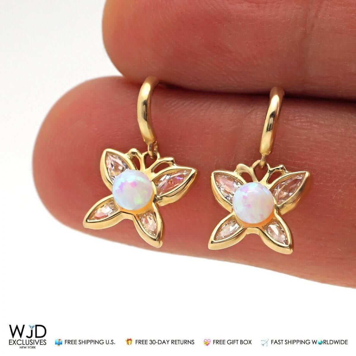 0.8Ct CZ Opal Butterfly Earrings 14K Yellow Gold