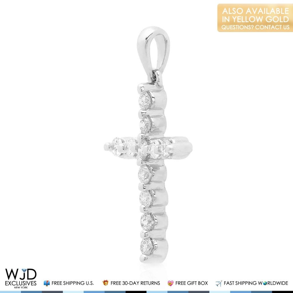 0.60Ct Real Diamond 14K White Gold Cross Pendant Religious