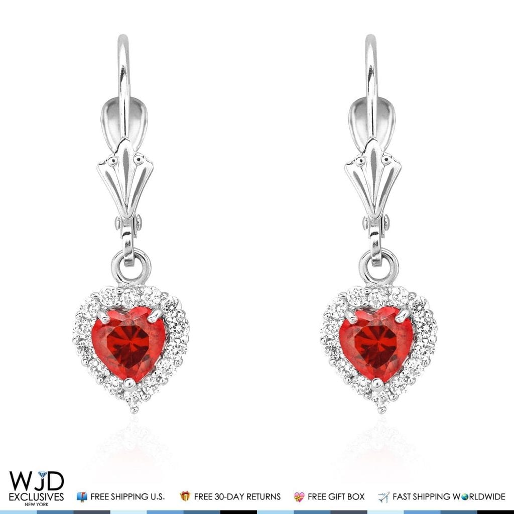 1Ct CZ & Garnet Heart Dangle Leverback Earrings 14K White Gold 1"