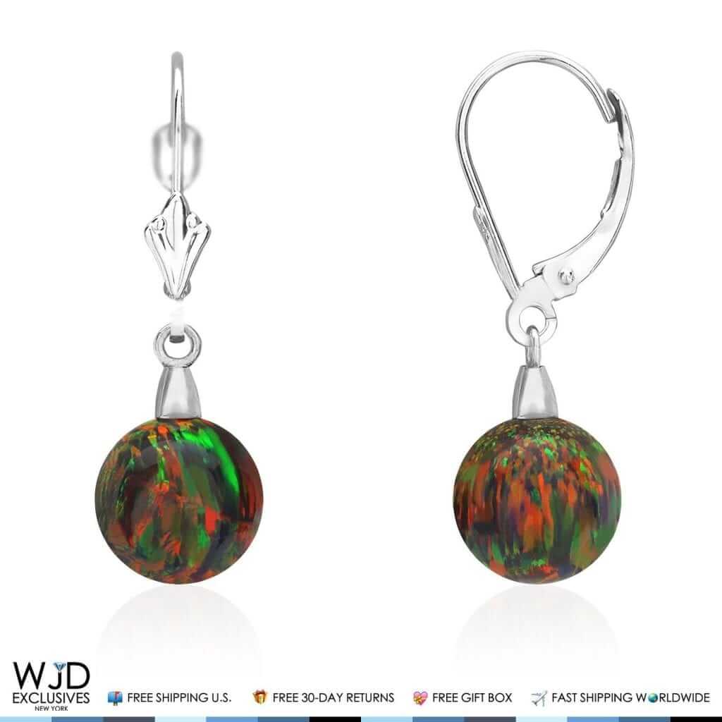 10mm Ball Shaped Black Fire Opal Dangle Leverback Earrings 14K White Gold