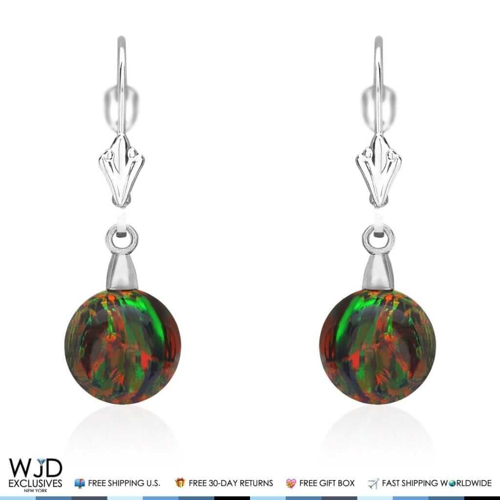 10mm Ball Shaped Black Fire Opal Dangle Leverback Earrings 14K White Gold