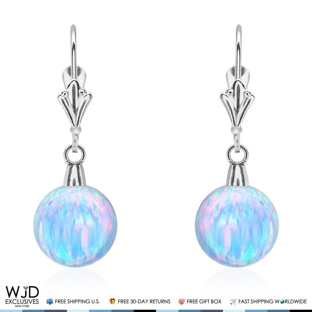 10 mm Ball Shaped Blue Fire Opal Leverback Dangle Earrings 14K Solid White Gold