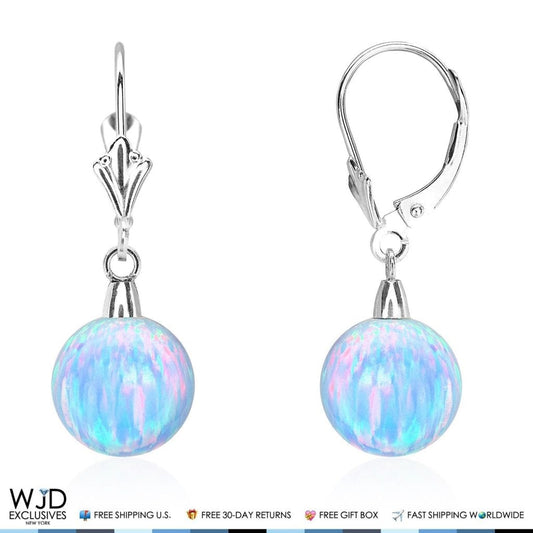 10mm Ball Shaped Blue Fire Opal Leverback Dangle Earrings 14K White Gold