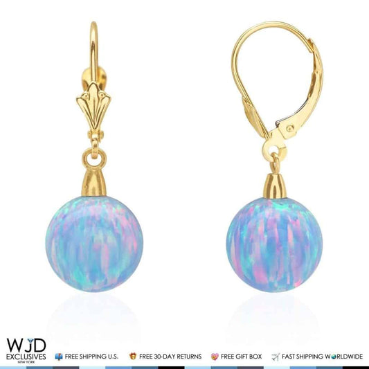 10mm Ball Shaped Blue Fire Opal Leverback Dangle Earrings 14K Yellow Gold