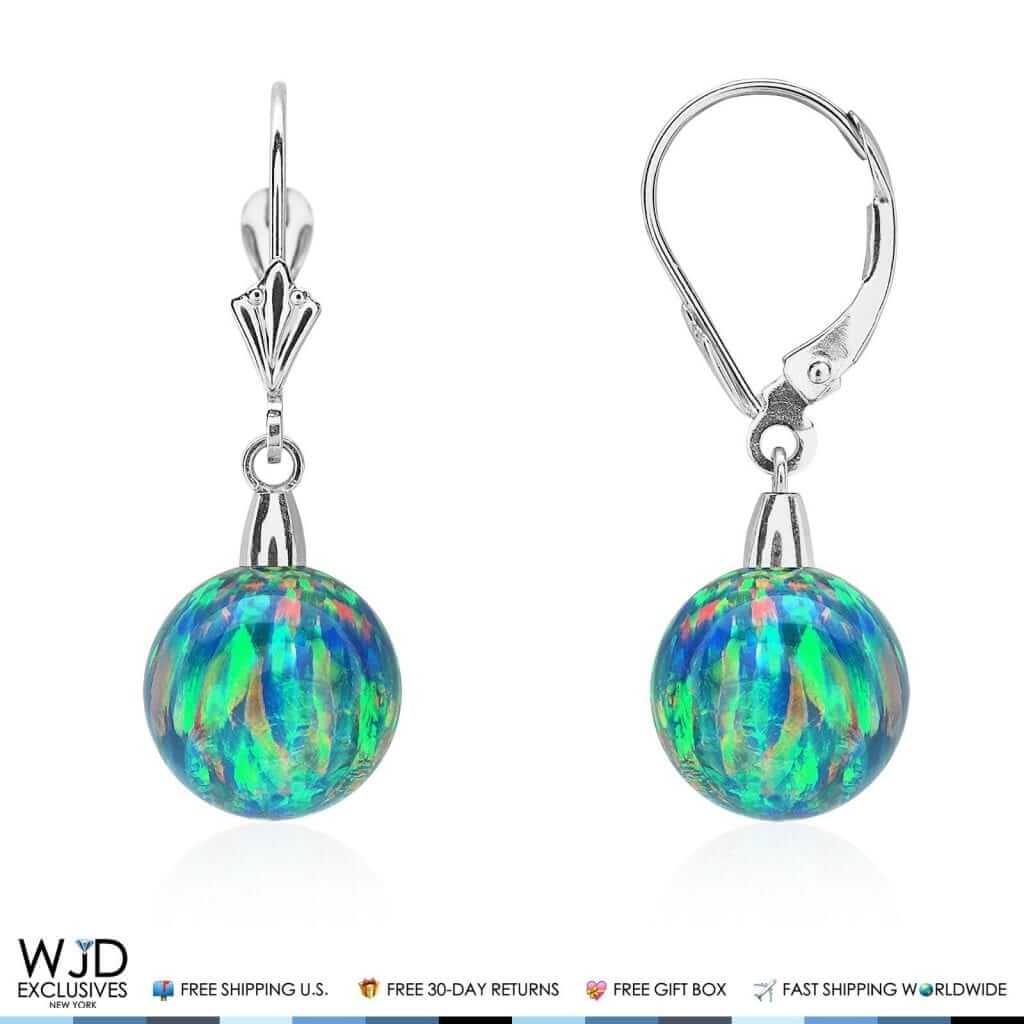 6mm-10mm Ball Blue Green Fire Opal Leverback Dangle Earrings 14K White Gold