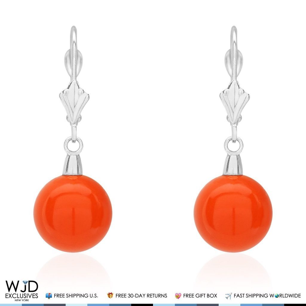 10 mm Ball Shaped Orange Coral Leverback Dangle Earrings 14K Solid White Gold 1"
