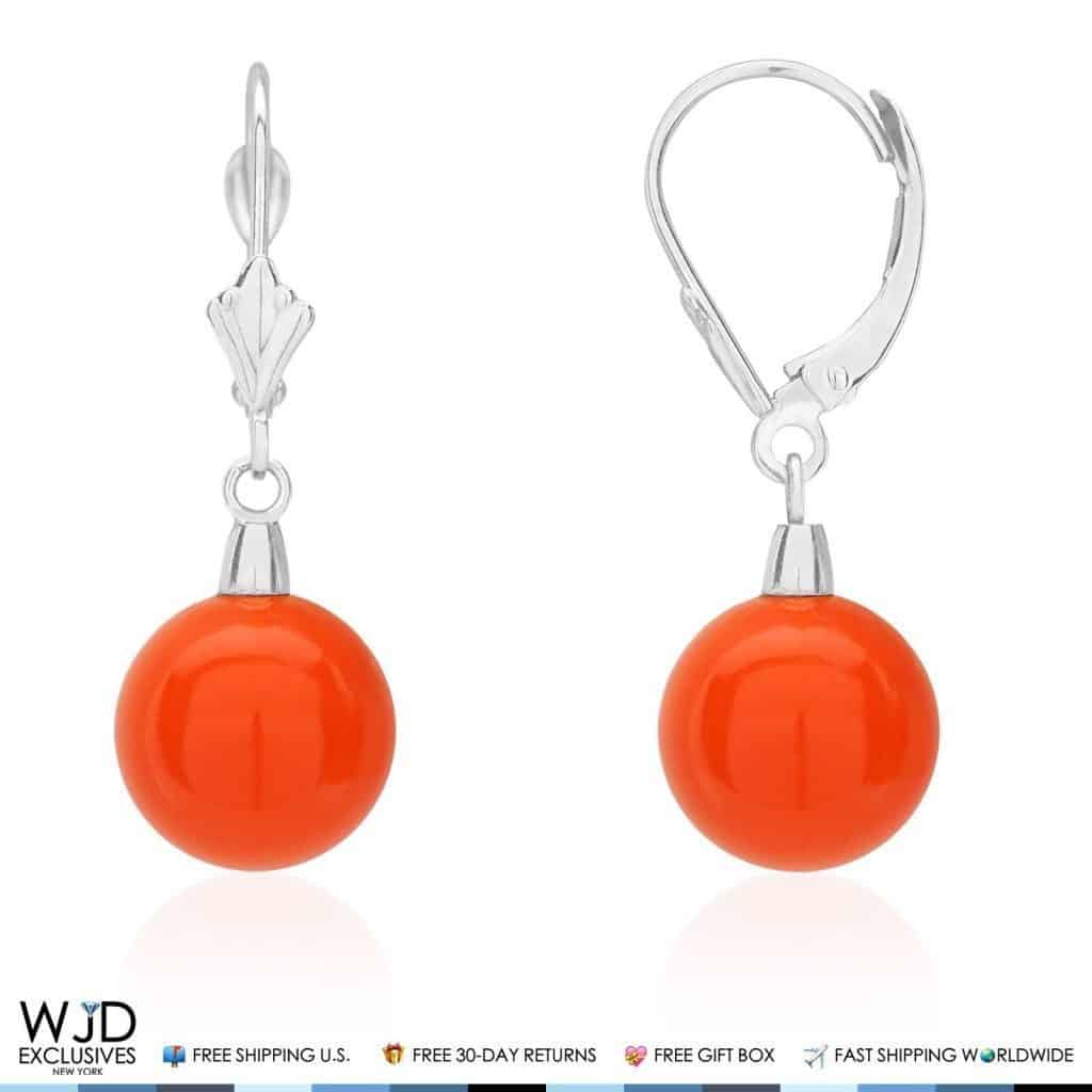 10 mm Ball Shaped Orange Coral Leverback Dangle Earrings 14K Solid White Gold 1"