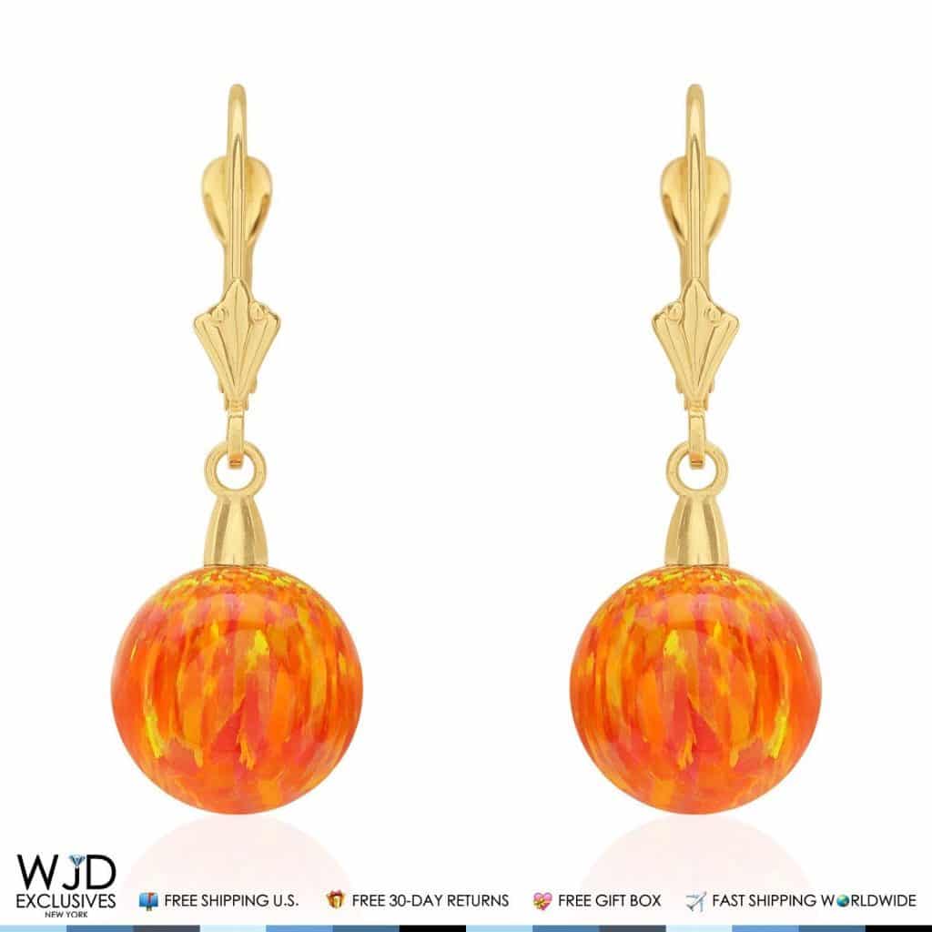 10 mm Ball Shaped Orange Fire Opal Leverback Dangle Earrings 14K Yellow Gold