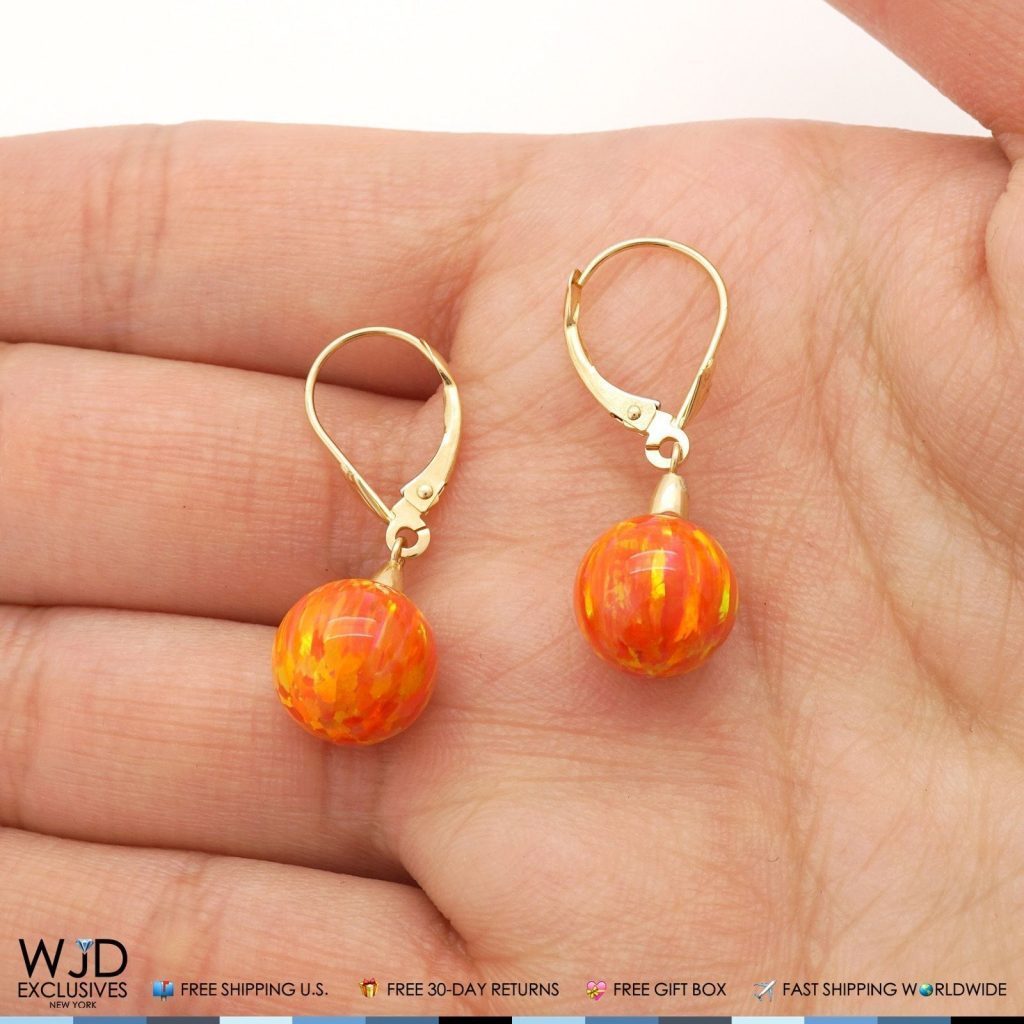 10 mm Ball Shaped Orange Fire Opal Leverback Dangle Earrings 14K Yellow Gold