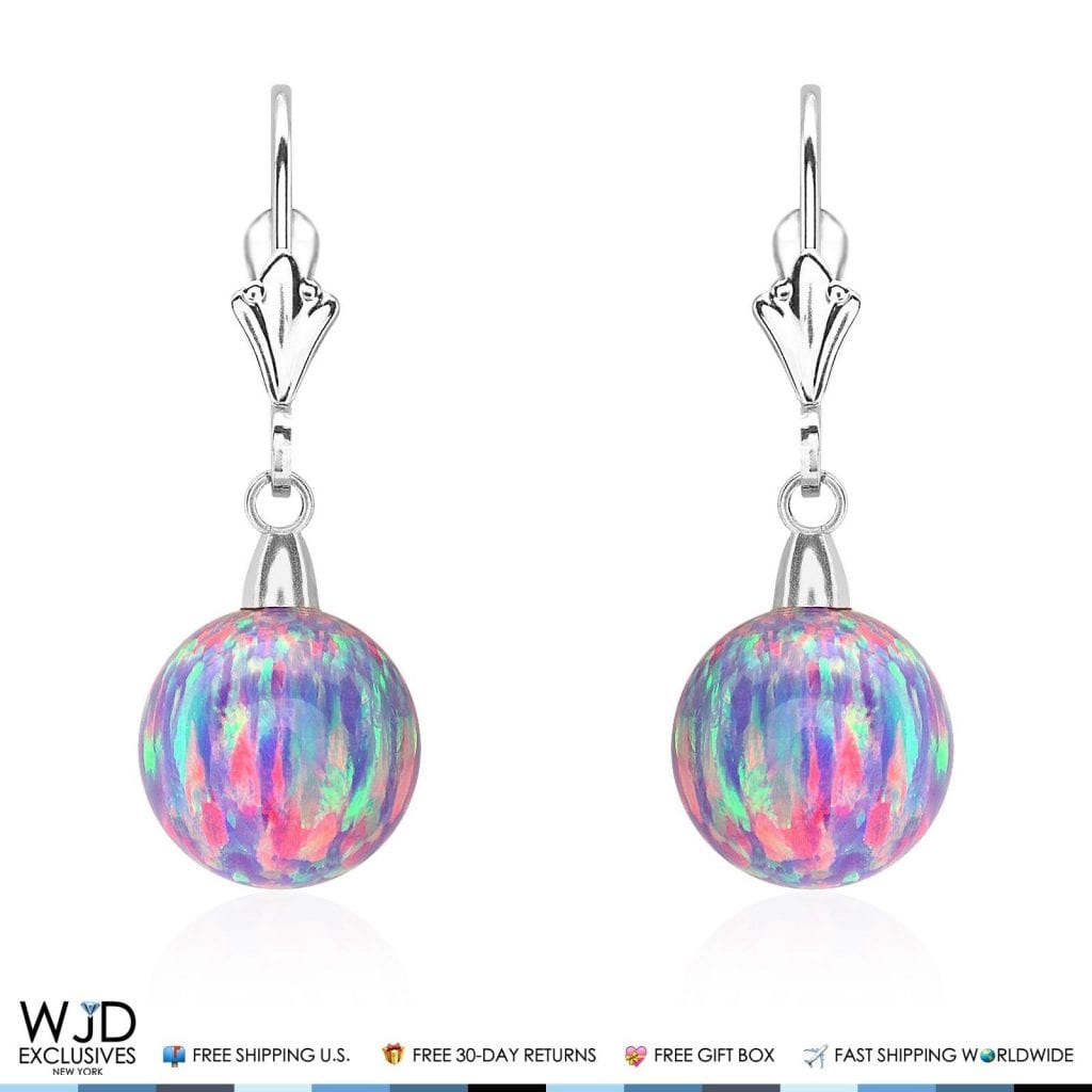 10 mm Ball Shaped Purple Fire Opal Leverback Dangle Earrings 14K White Gold 1"