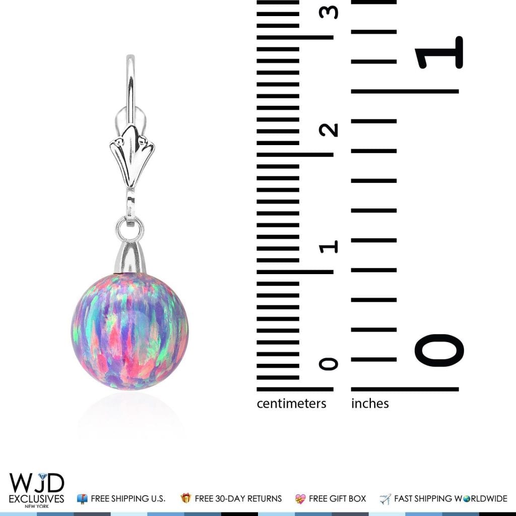 10 mm Ball Shaped Purple Fire Opal Leverback Dangle Earrings 14K White Gold 1"