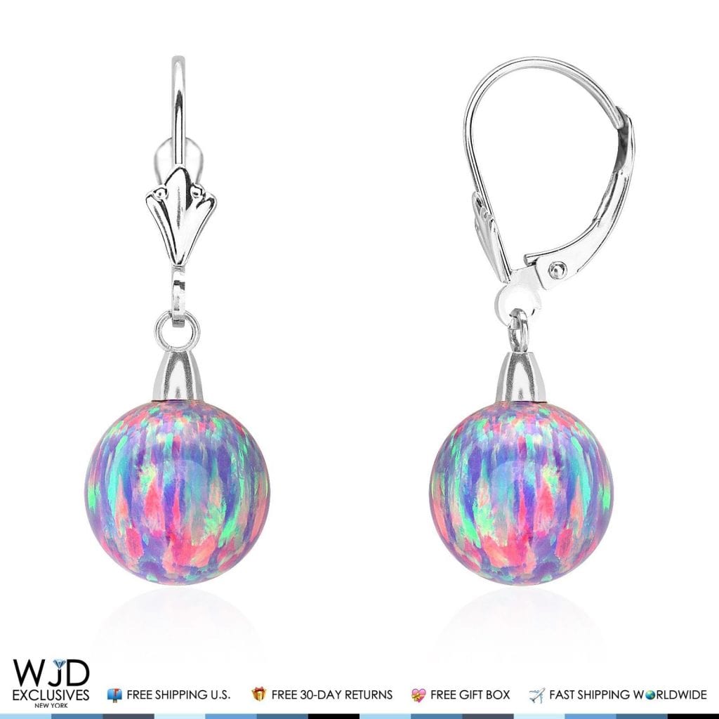 10 mm Ball Shaped Purple Fire Opal Leverback Dangle Earrings 14K White Gold 1"