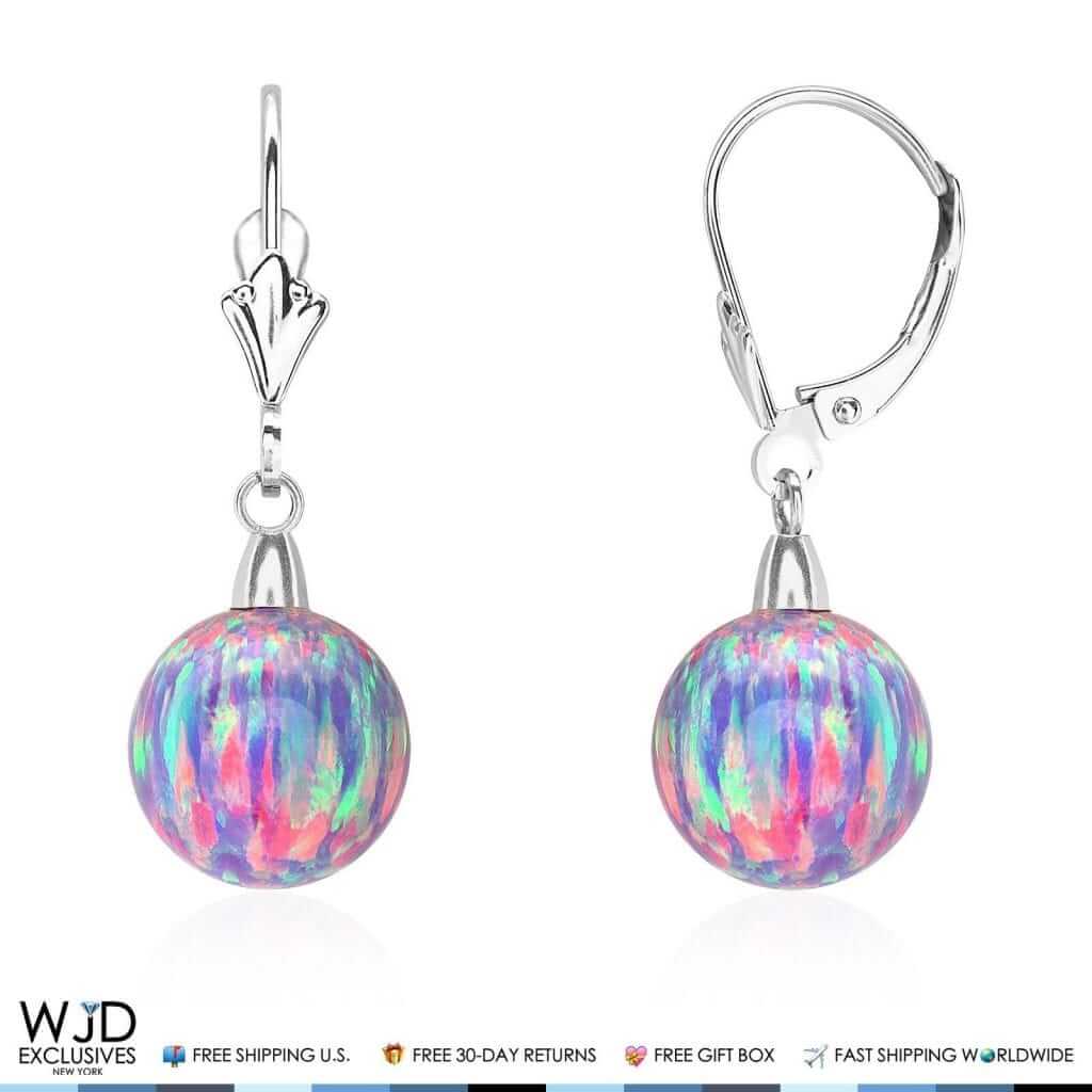 10mm Ball Shaped Purple Fire Opal Leverback Dangle Earrings 14K White Gold 1"