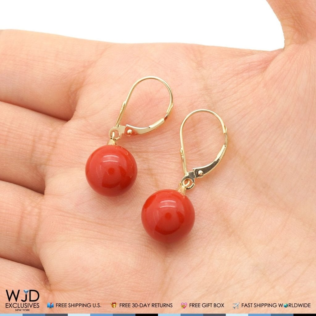 14K Real Gold 10mm Ball Red Coral Leverback Dangle Earrings 30mm