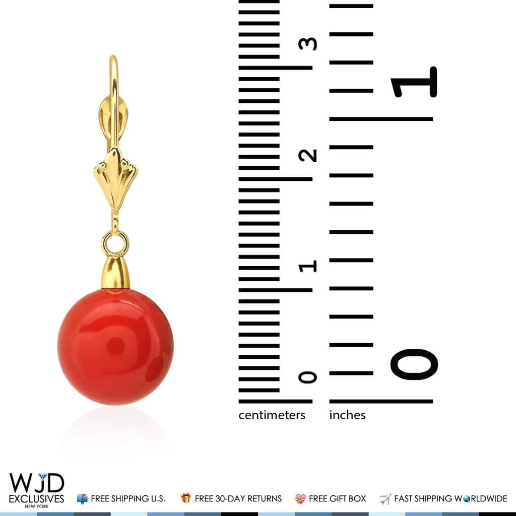 14K Real Gold 10mm Ball Red Coral Leverback Dangle Earrings 30mm