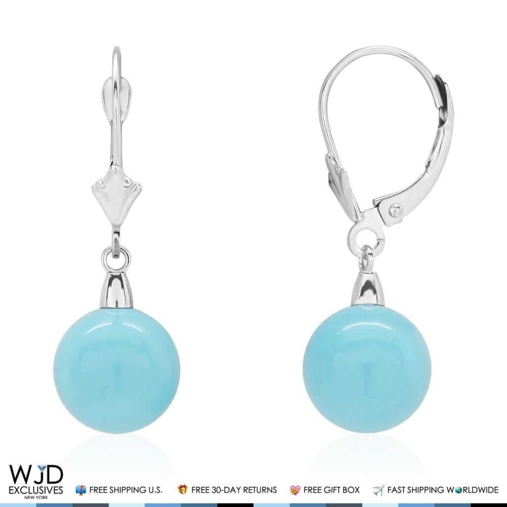 14K White Gold Ball Shaped Turquoise Leverback Dangle Earrings 6mm-10mm