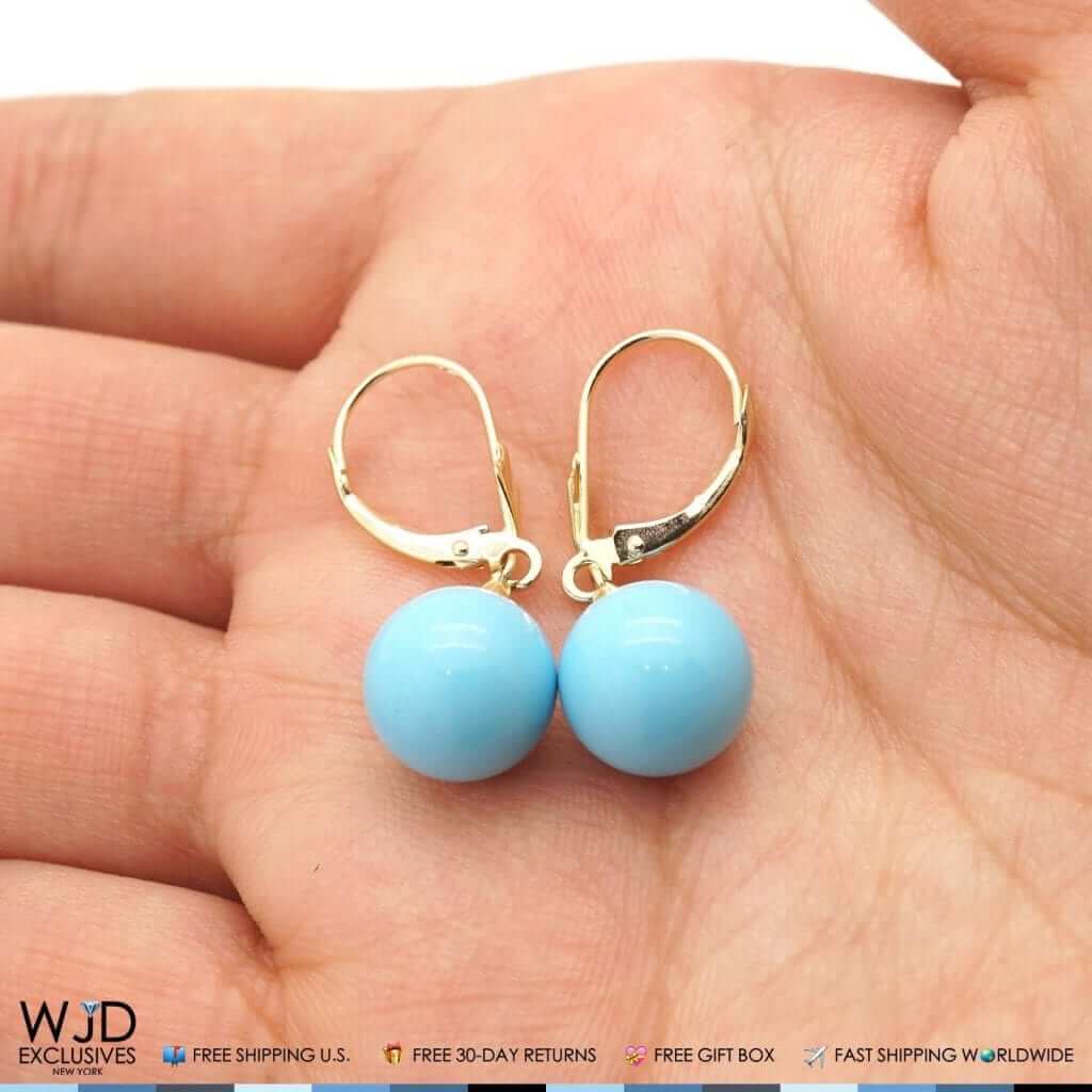 14k Yellow Gold Sky Blue Turquoise Ball Drop Leverback Earrings 6mm-10mm