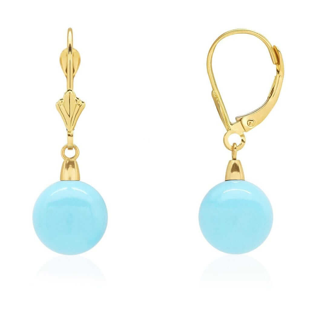 14k Yellow Gold Sky Blue Turquoise Ball Drop Leverback Earrings 6mm-10mm