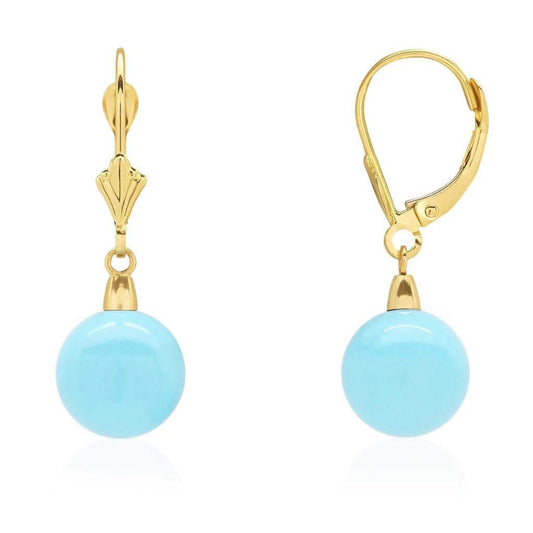 14k Yellow Gold Sky Blue Turquoise Ball Drop Leverback Earrings 6mm-10mm