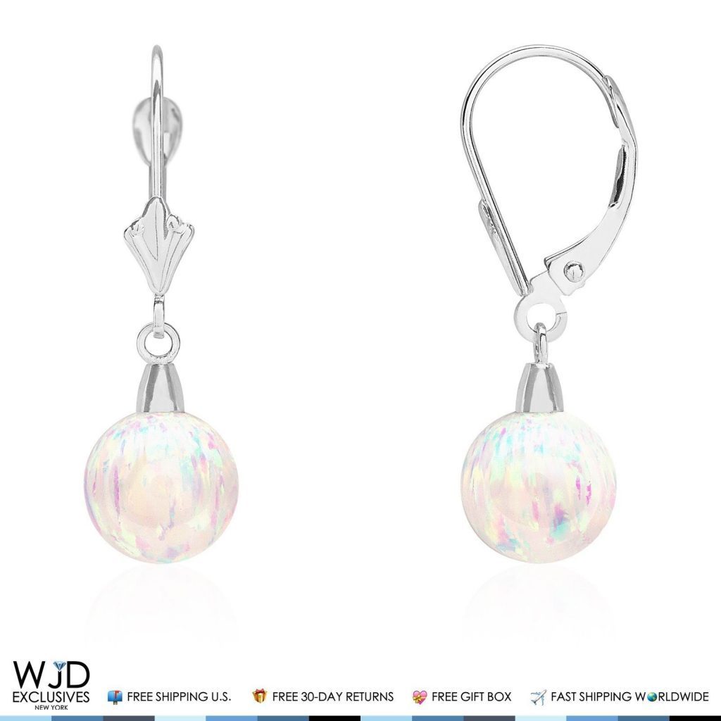 10 mm Ball Shaped White Fire Opal Leverback Dangle Earrings 14K Solid White Gold