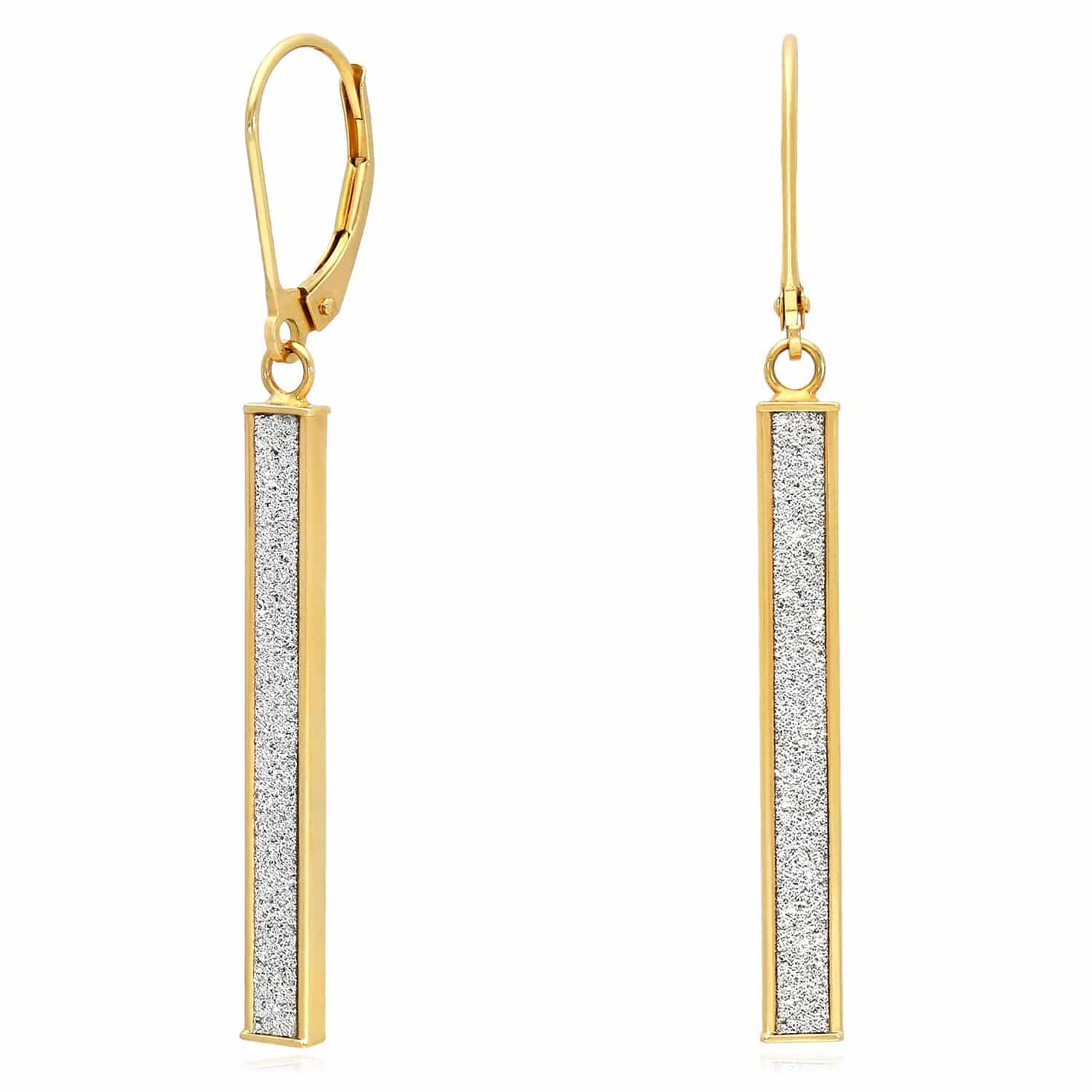 10K Yellow Gold Glitter Bar Drop Leverback Earrings 50mm