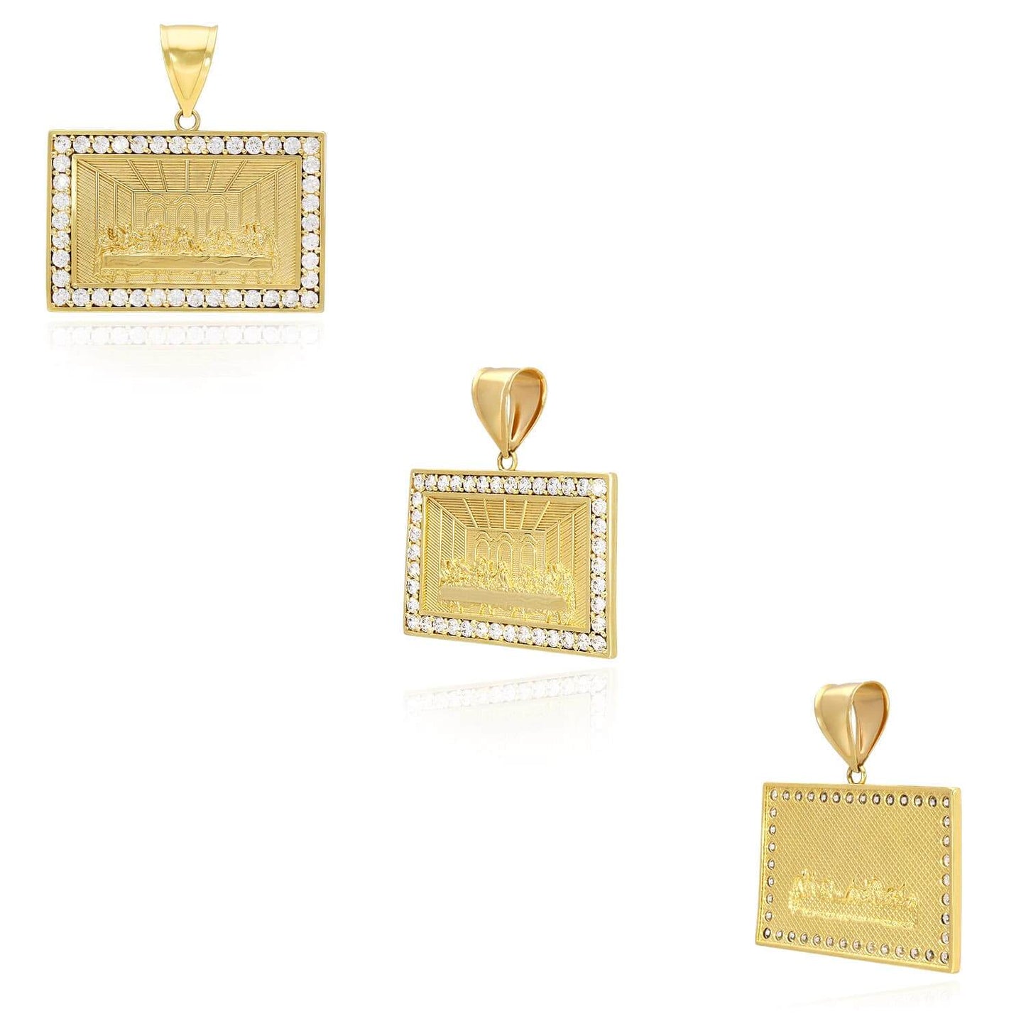 10K Yellow Gold CZ Religious Last Supper Rectangular Pendant 1.6"